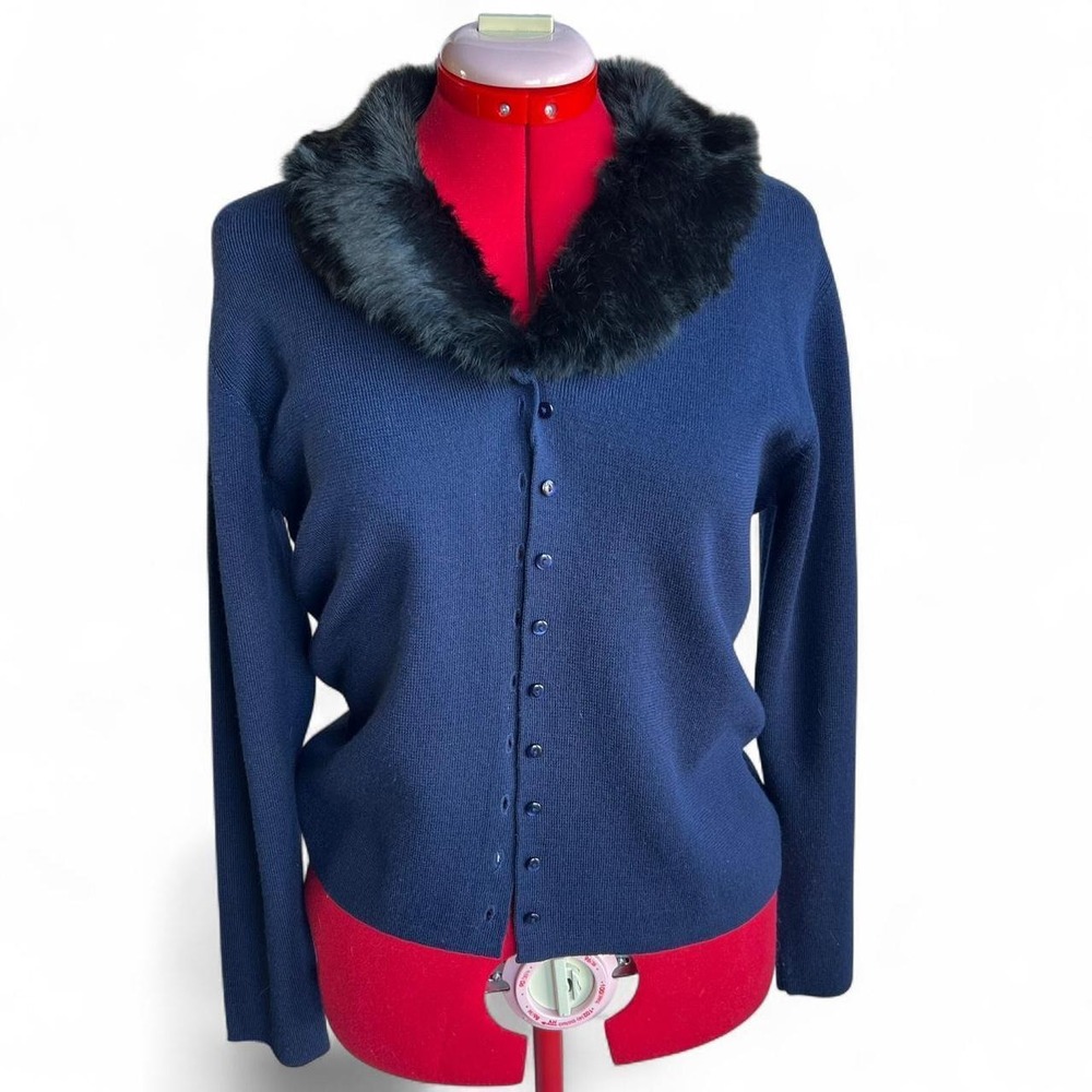 Blue Wool Blend Cardigan With Black Rabbit Fur Removable Collar Button Front